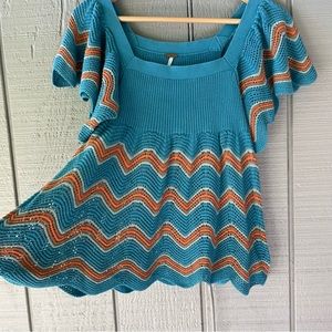 Free People Turquoise Orange Chevron Knit Sweater Top￼ W Short Sleeves size M